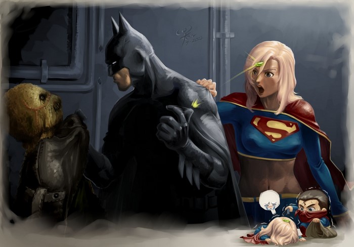 Batman, Supergirl, and Scarecrow with Kryptonite
