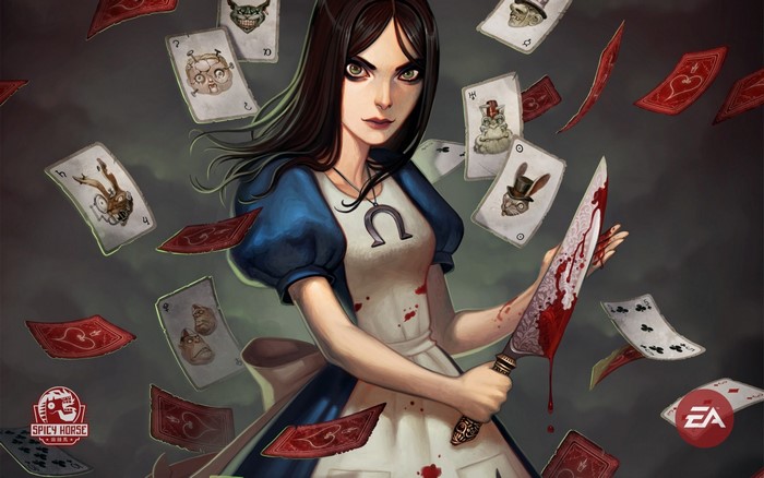 Alice from American McGee's Alice holding a bloody knife