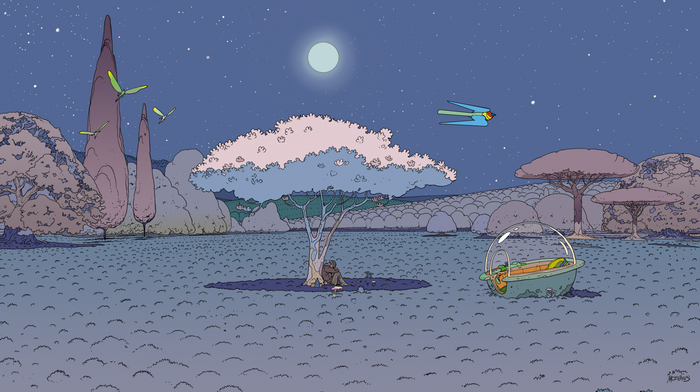 Mœbius illustration of a surreal alien landscape at night