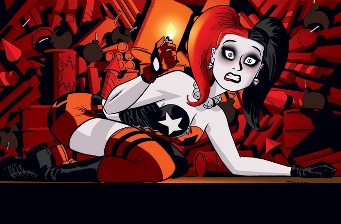 Harley Quinn with a lighter surrounded by explosives