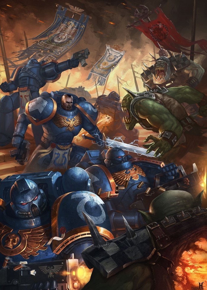 Warhammer 40,000 Ultramarines fighting Orks