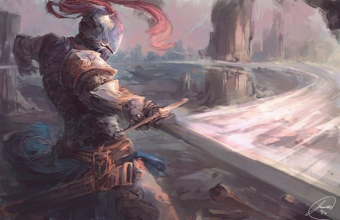 Knight in ornate armor wielding a large sword
