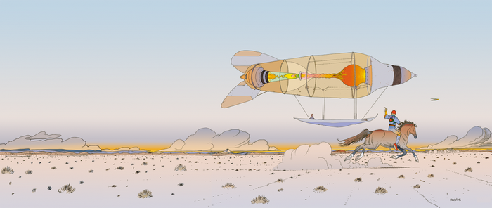 Man on horse races a dirigible in a desert landscape