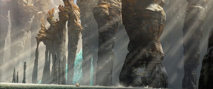 Concept art of rock formations with sun rays and a ship