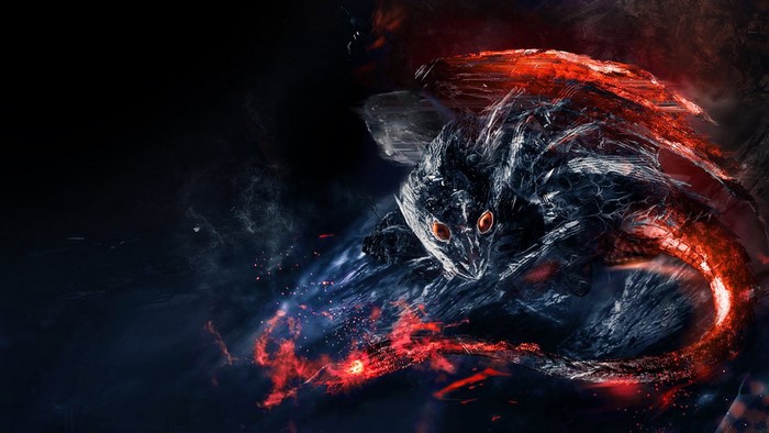 Fiery creature with glowing eyes in darkness