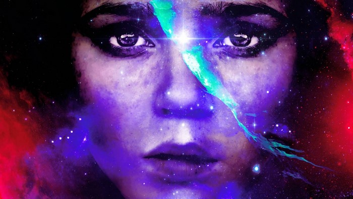 Cosmic Woman's Face in Vibrant Space Colors