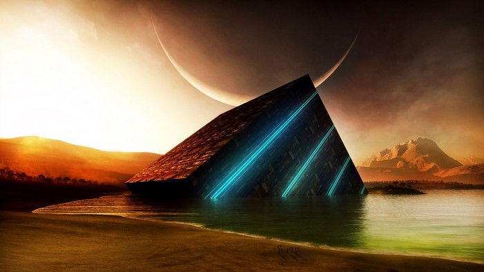 Alien pyramid structure in water with glowing lights and crescent moon