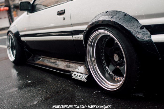 Modified Toyota AE86 with widebody kit and custom rims