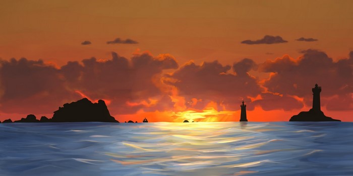 Sunset over the ocean with lighthouses and islands