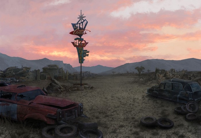 Fallout 3 landscape with motel sign and ruined cars