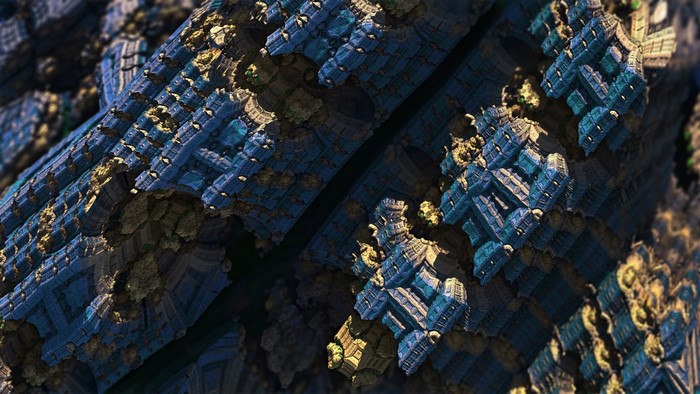Abstract fractal landscape with blue and gold structures