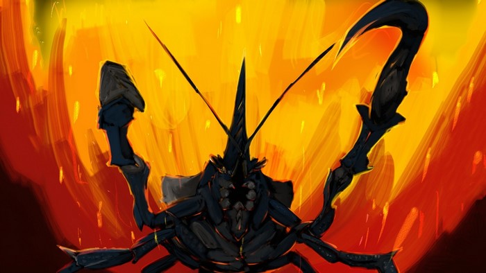 Shogun Ceanataur from Monster Hunter in flames