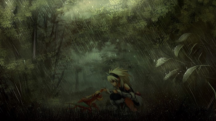 Girl and creature in a rainy forest