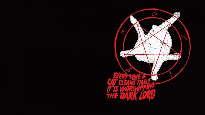 Cat worshipping the dark lord pentagram illustration