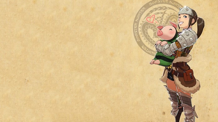 Monster Hunter girl holding a piglet