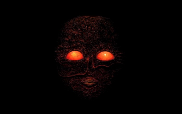 Darkness with glowing red eyes, inspired by Zdzisław Beksiński