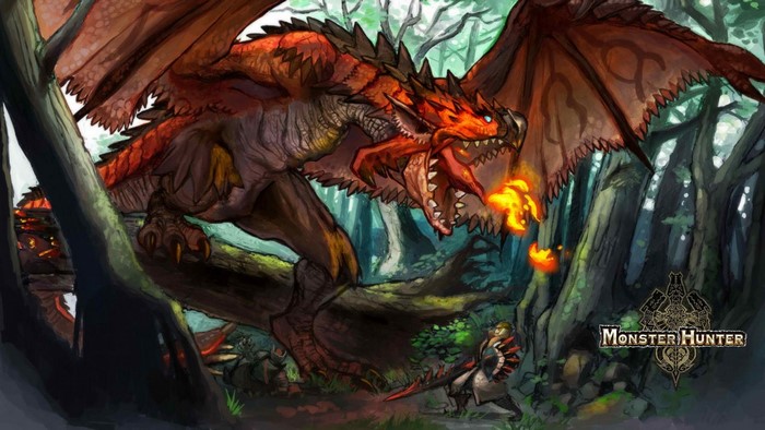 Rathalos from Monster Hunter breathing fire in a forest