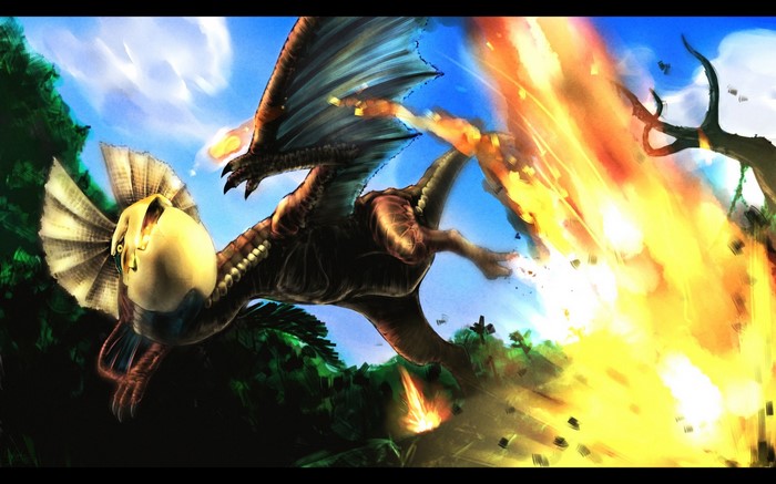 Rathalos from Monster Hunter carrying an egg during an explosion