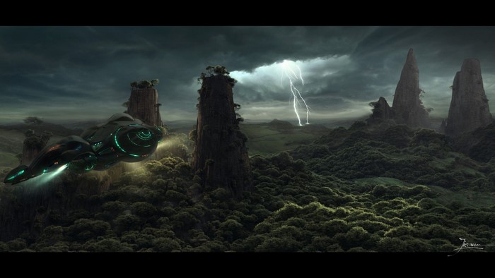 Futuristic spaceship flying over a dark, stormy alien landscape
