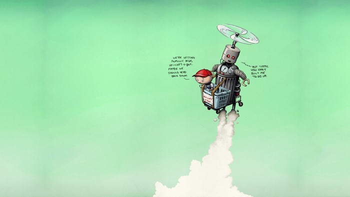 Robot carrying a boy in a shopping cart flying