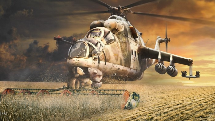 Mil Mi-24 helicopter harvesting a field