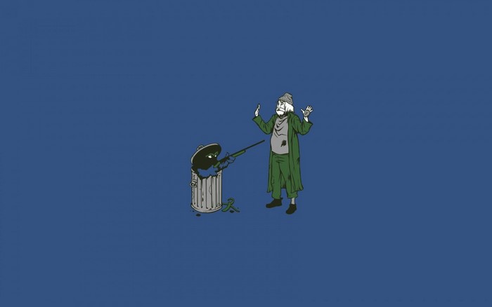 Oscar the Grouch holding a rifle to a man