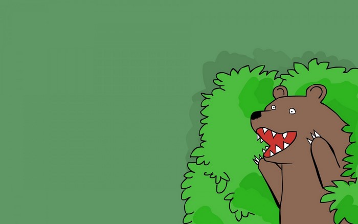 Cartoon bear peeking from behind green bushes