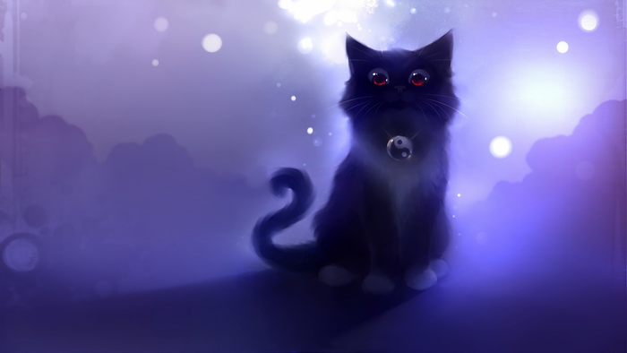 Mystical Black Cat with Yin Yang Pendant in Blue Glow