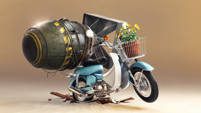 Motorcycle carrying a bomb and flowers
