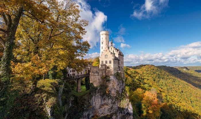 Lichtenstein Castle on a cliff in autumn, Germany
