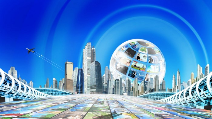 Futuristic cityscape with a globe of screens and an airplane