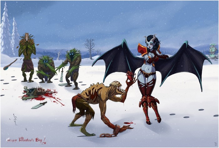 Succubus with heart and zombies in snow