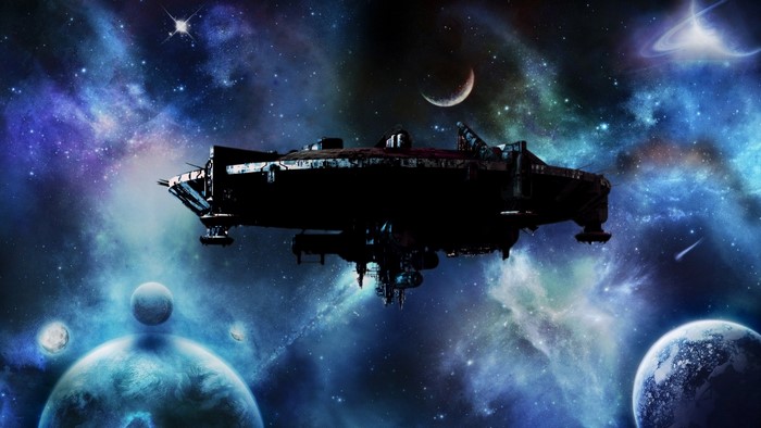 Spaceship in a colorful nebula with planets