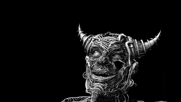 Monochrome illustration of a mechanical creature with horns