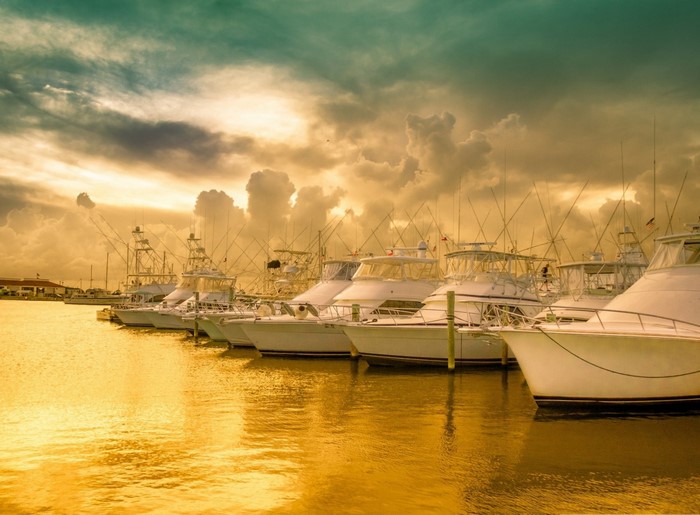 Yachts docked in a harbor at sunset