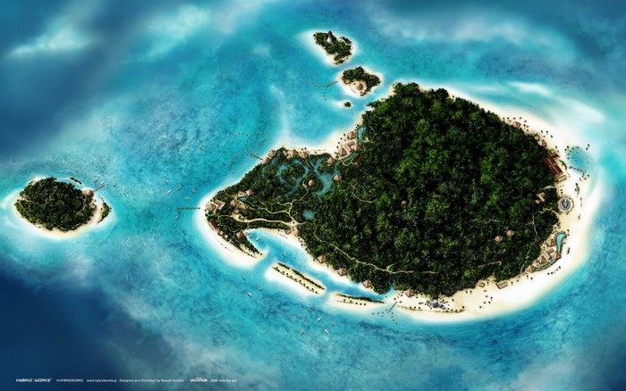 Aerial view of a tropical island resort with lush forests and clear blue water
