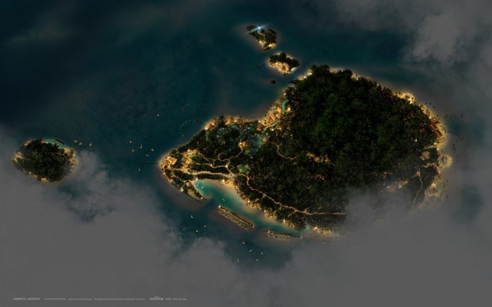 Aerial view of a tropical island at night with lights and boats