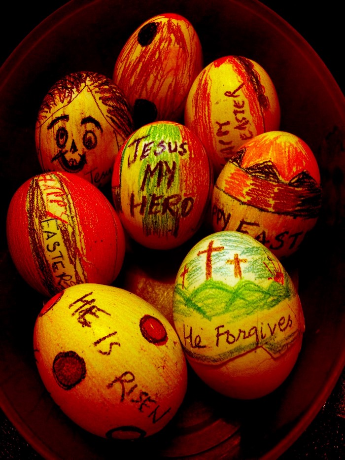 Hand-decorated Easter eggs with religious messages