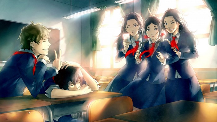 Anime school students taking photos in classroom