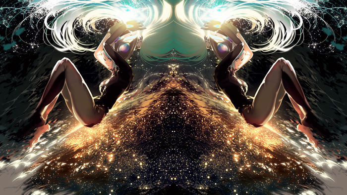 Symmetrical illustration of Hatsune Miku with glowing effects