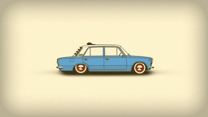 Minimalist blue sedan with white roof and red-rimmed wheels
