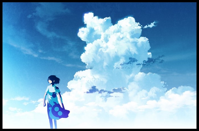 Anime girl standing under a large cloud formation