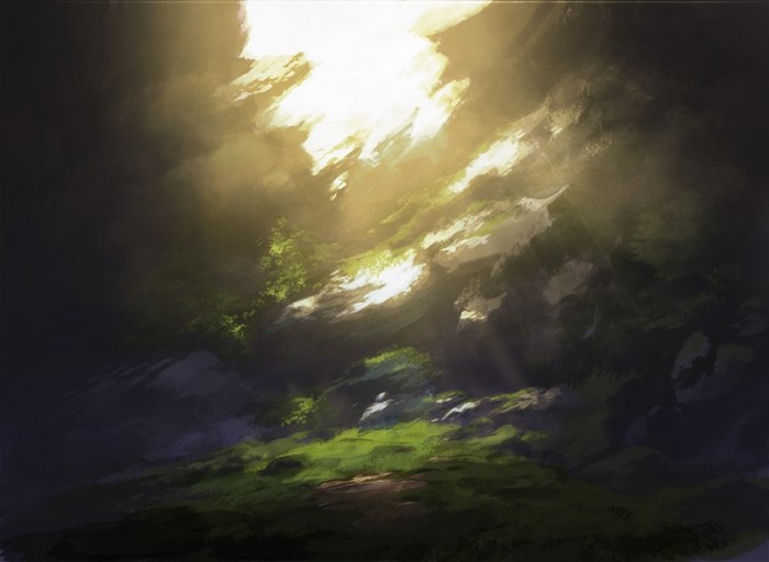 Sunlight filtering through clouds onto a forest landscape