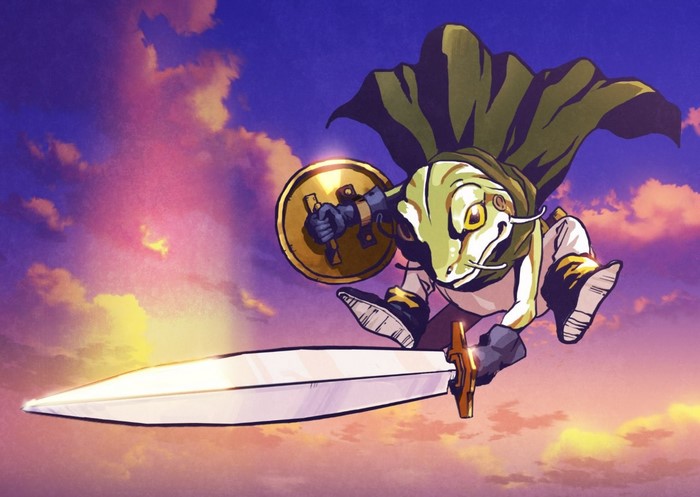 Frog from Chrono Trigger with sword and shield