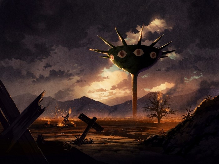 Alien creature with eyes in a desolate landscape