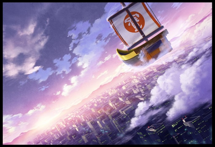 Anime ship flying over a city at sunset