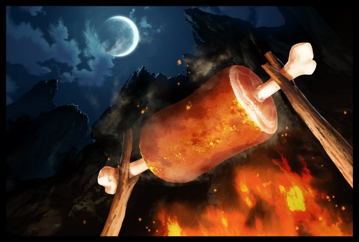 Meat roasting over a campfire under a full moon