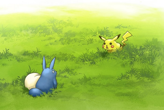Pikachu and Totoro in a grassy field