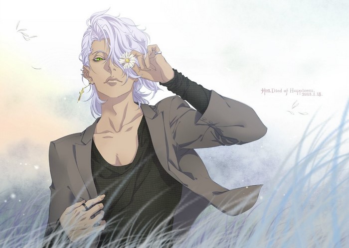 Anime boy with white hair holding a daisy