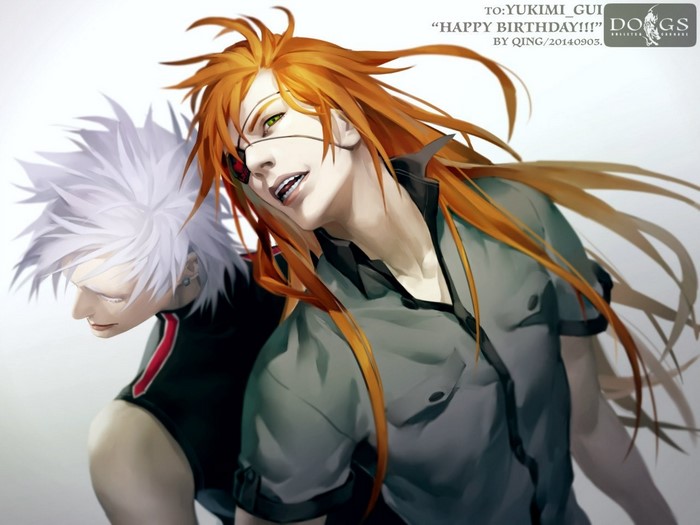 Two anime men with orange and white hair